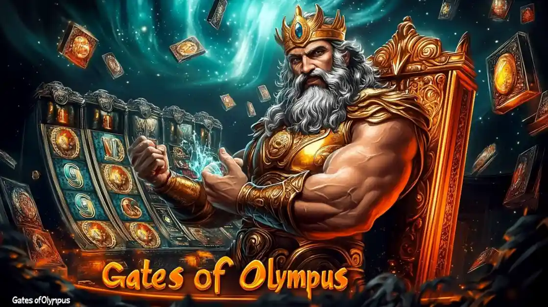 A majestic Zeus figure on a golden throne, surrounded by floating cards and a CK333 slot machine, with Gates of Olympus prominently displayed, inviting players to a mythical gaming experience.
