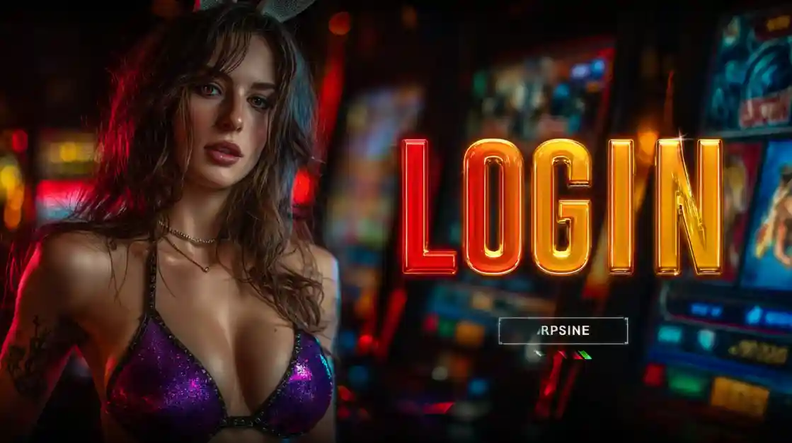 A captivating woman stands beside a LOGIN interface, with CK333 slot machines softly blurred in the background, inviting users to enter the world of CK333.