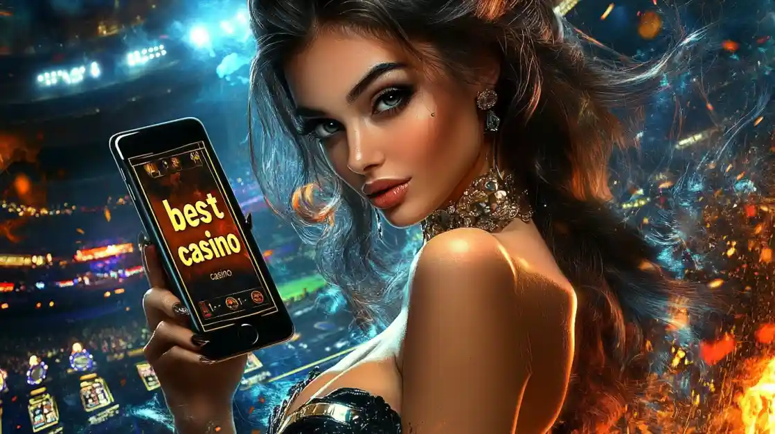 A woman holding a phone showcasing the CK333 casino app in a vibrant stadium-like setting.