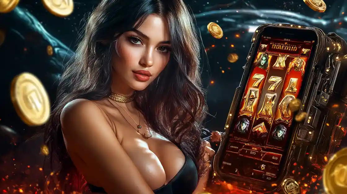 A confident woman holds a smartphone displaying a CK333 mobile slot game with 777 symbols and golden coins.